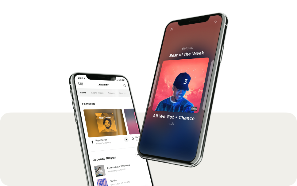 An iPhone showing the Bose Music app’s gesture-based audio switching.