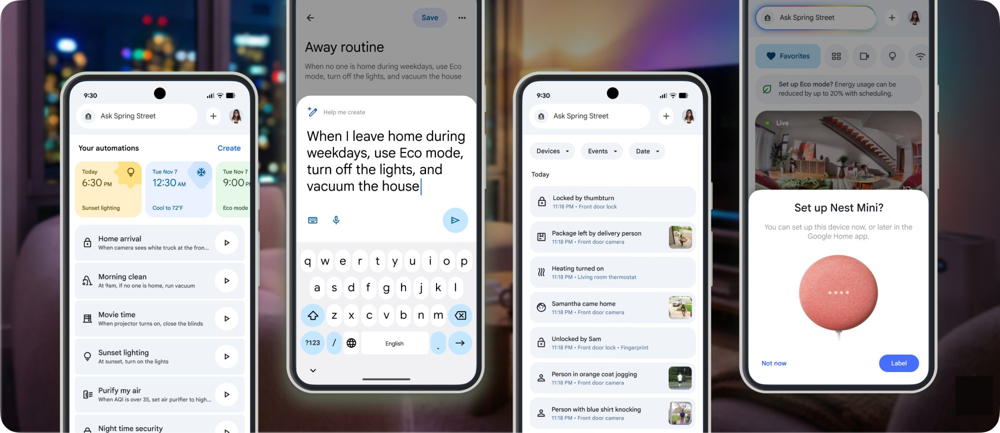 Google Home app screens: the automation editor, “Help me create” with Gemini, and a Nest Hub showing a routine.