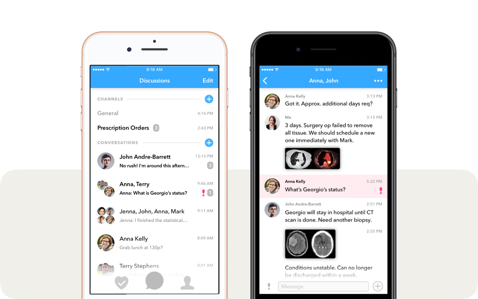 Two iPhones showing the Hypercare messaging app for hospital teams.
