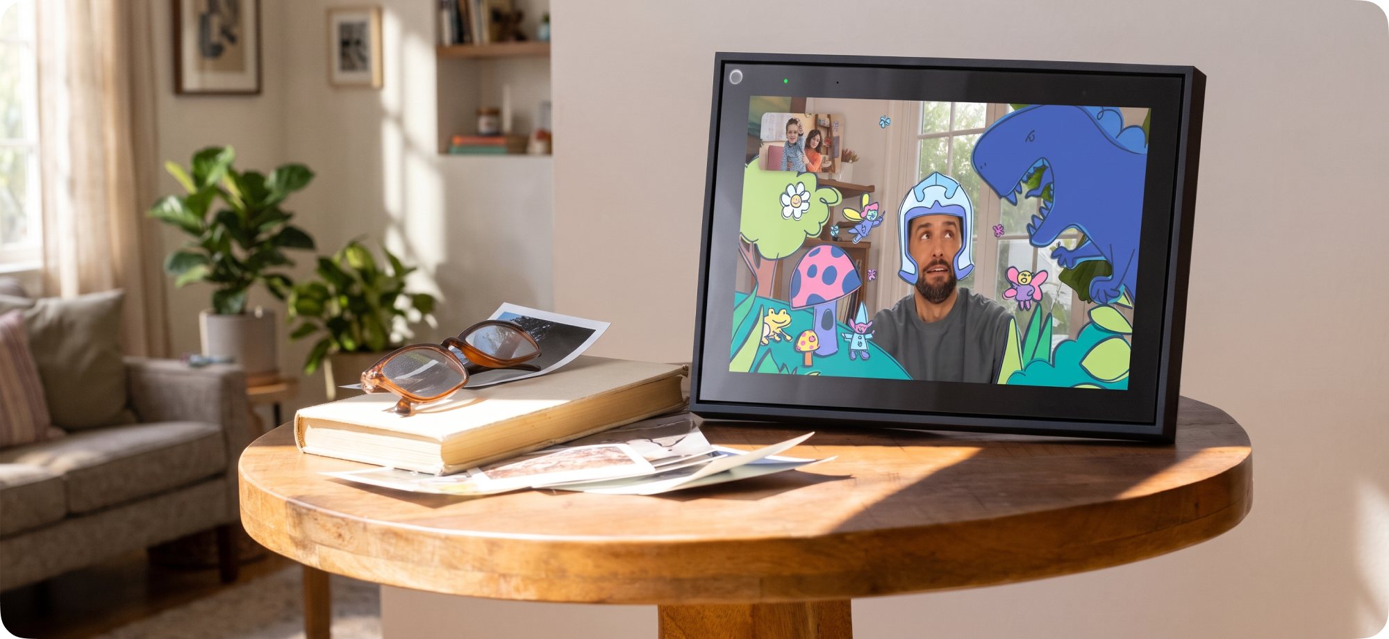 A Meta Portal on a side table in a living room, showing a family video call.