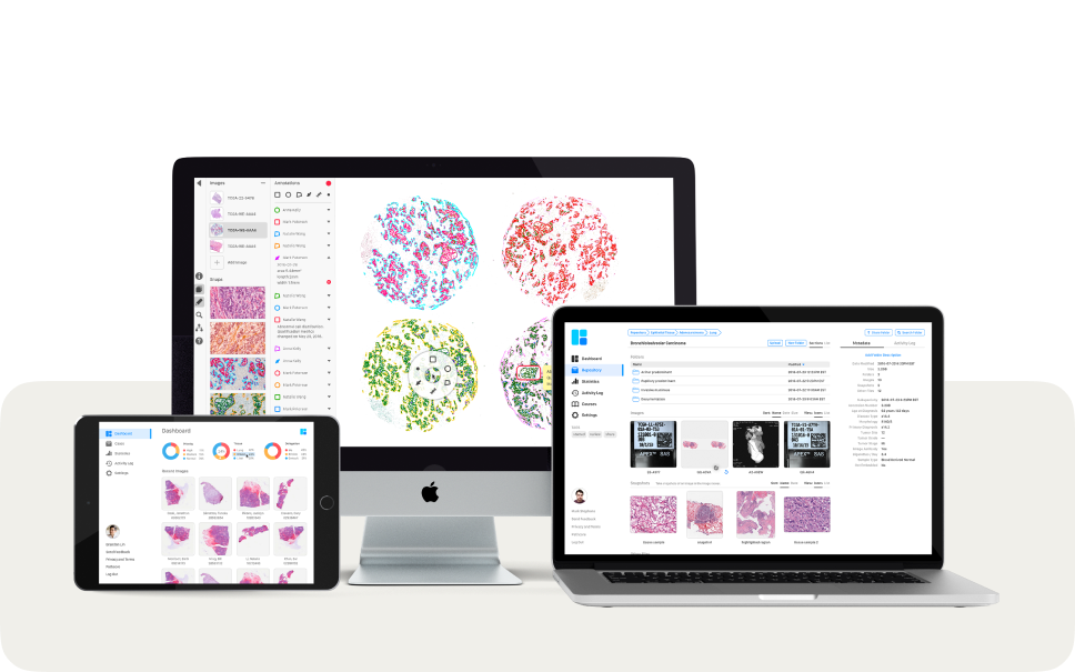 Pathcore’s cloud pathology software on a set of screens.