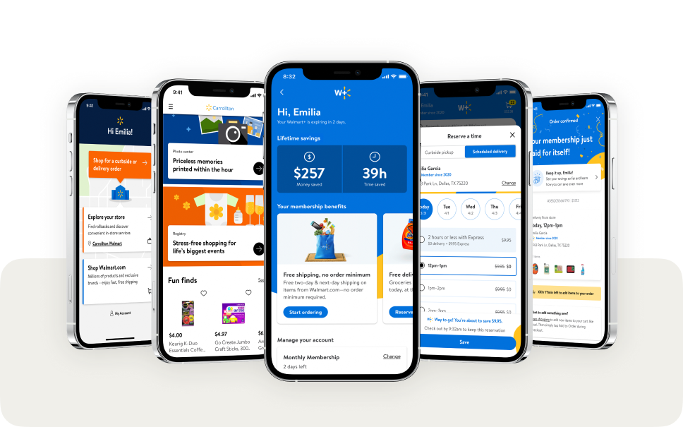 Walmart shopping screens across a laptop, tablet and phones.