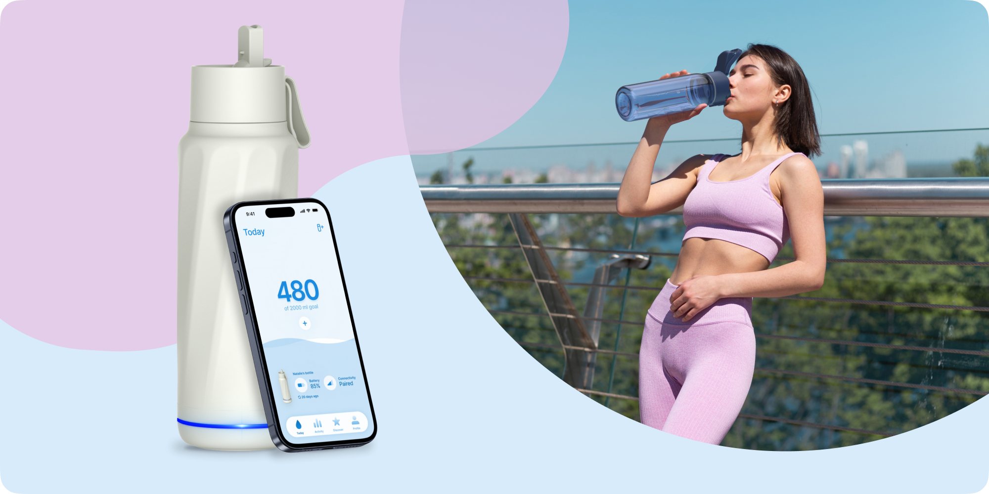 The WaterH smart bottle next to a phone running the WaterH app, beside a photo of a woman drinking from the bottle outdoors.