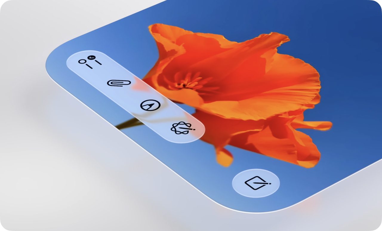 Close-up of an iPhone corner running Liquid Glass: the rounded controls follow the curve of the device's corner.