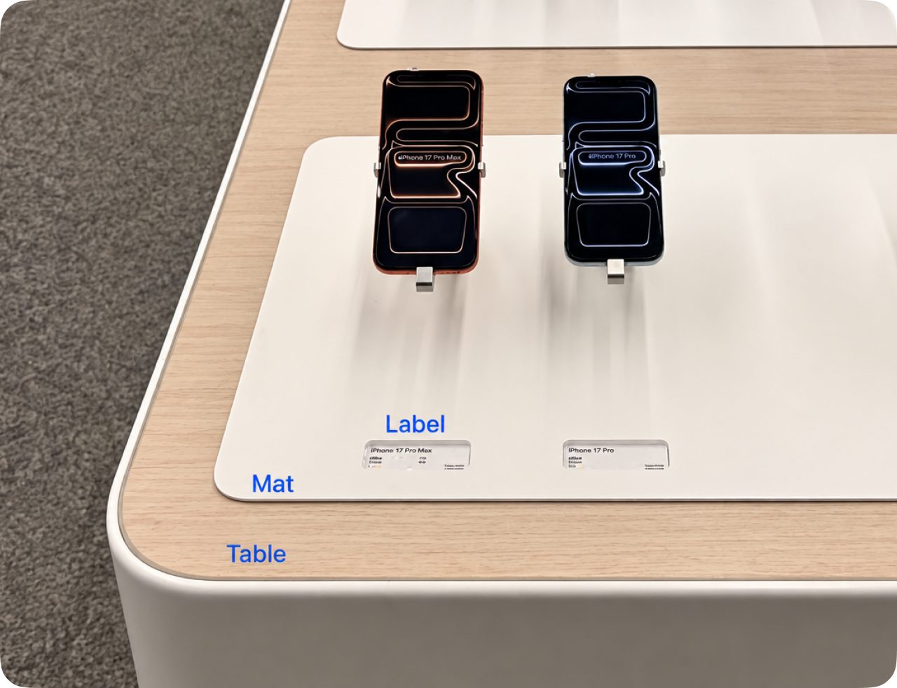 A display table in an Apple partner store with two iPhones on a mat. The rounded corners of the table, the mat and a product label are traced and labeled.