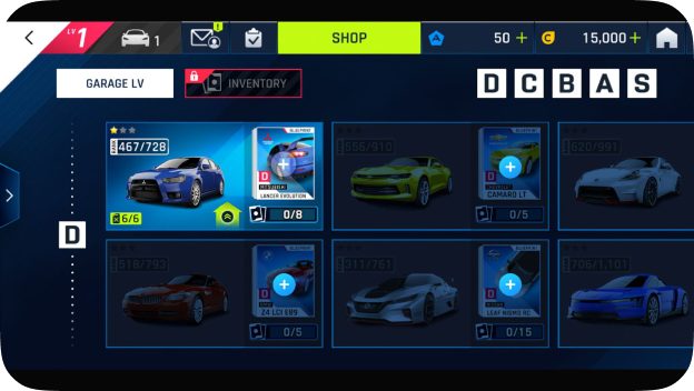 Asphalt 9 garage screen with square car cards.