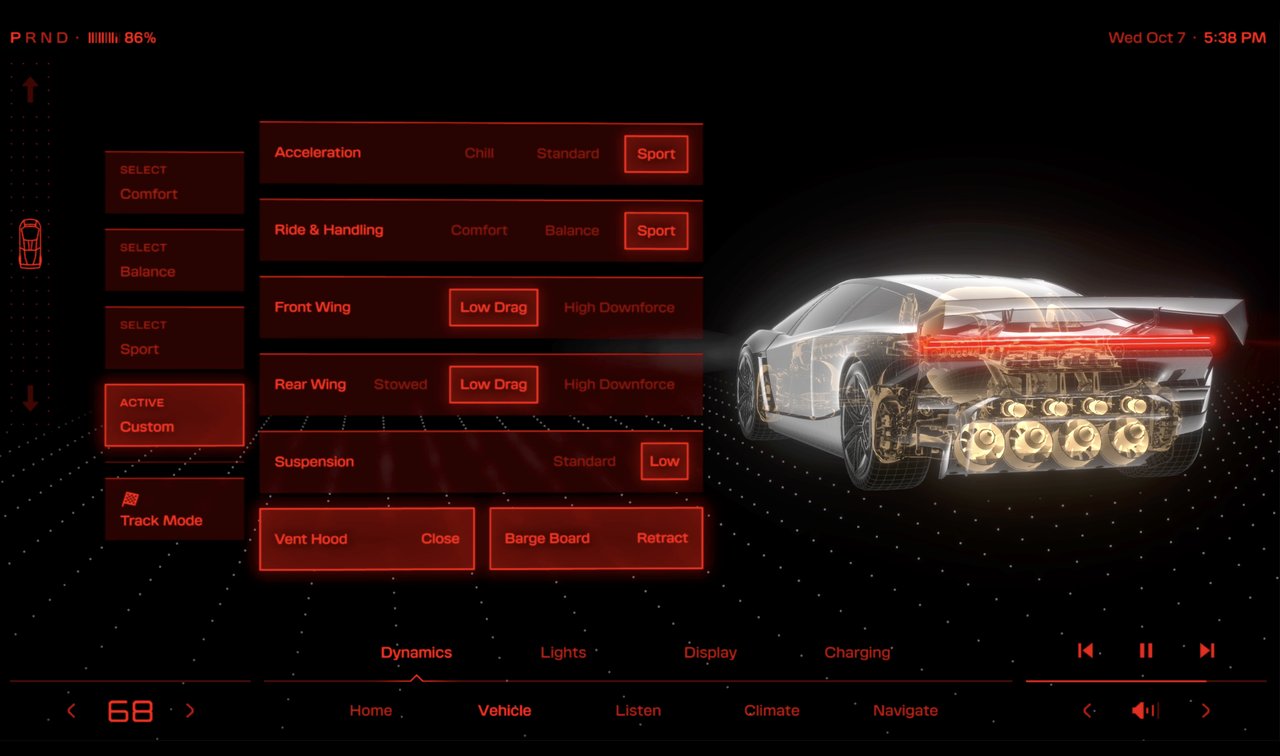 A car's in-dash vehicle settings screen in red on black, with sharp-cornered panels and buttons beside a see-through render of the car.