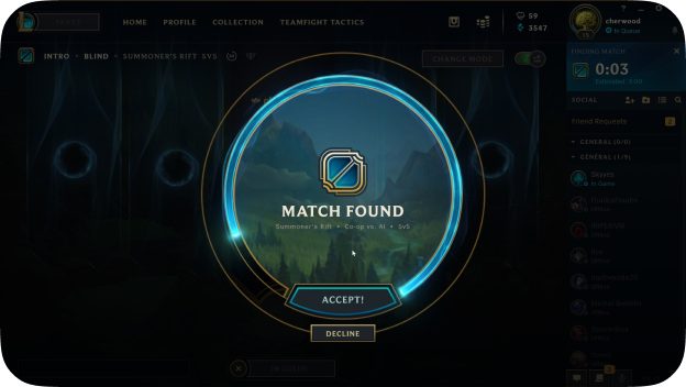 League of Legends match-found screen with angular frames.
