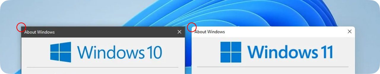 Two About Windows dialogs side by side: Windows 10 with square window corners and Windows 11 with rounded ones.