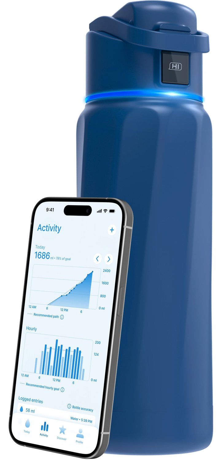 A blue WaterH bottle with a phone showing the WaterH app leaning against it.