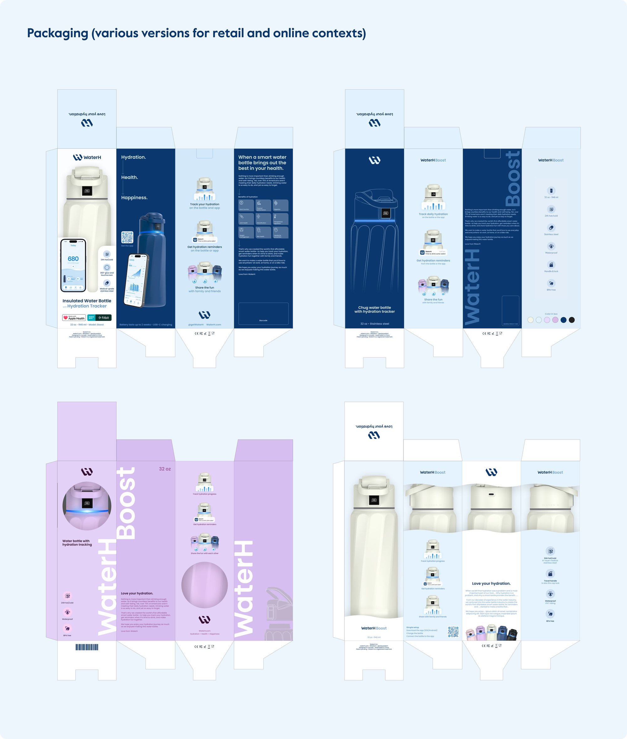WaterH packaging dielines for the retail and online versions.