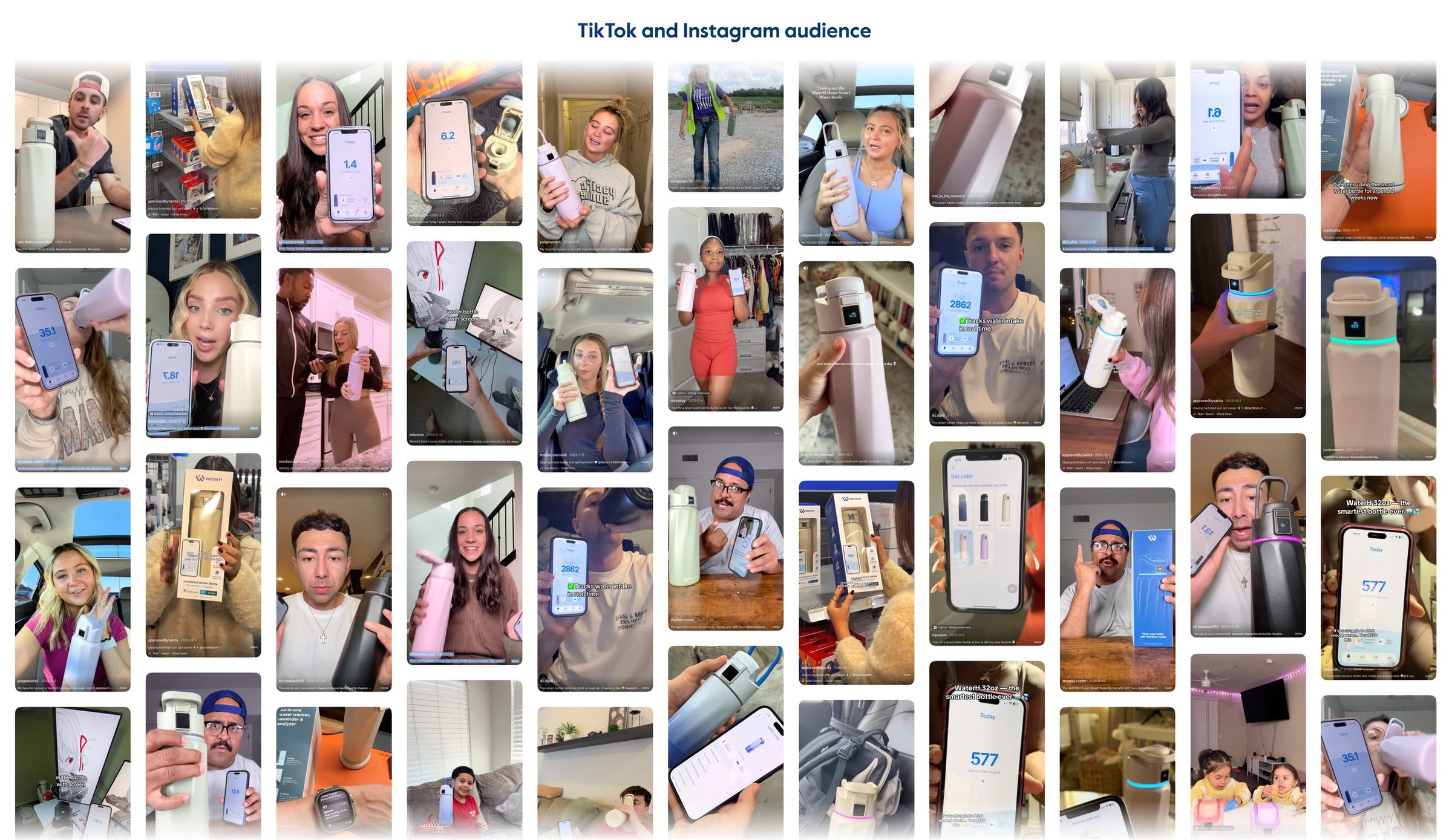 A grid of WaterH videos from TikTok and Instagram.